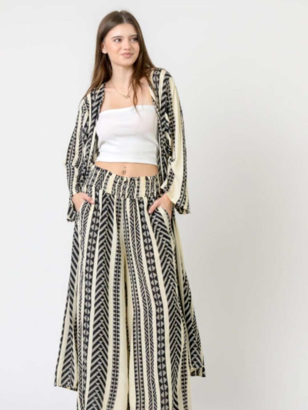 Wide-Leg Tribal Stripe Pants - Black & Cream, Size L/XL